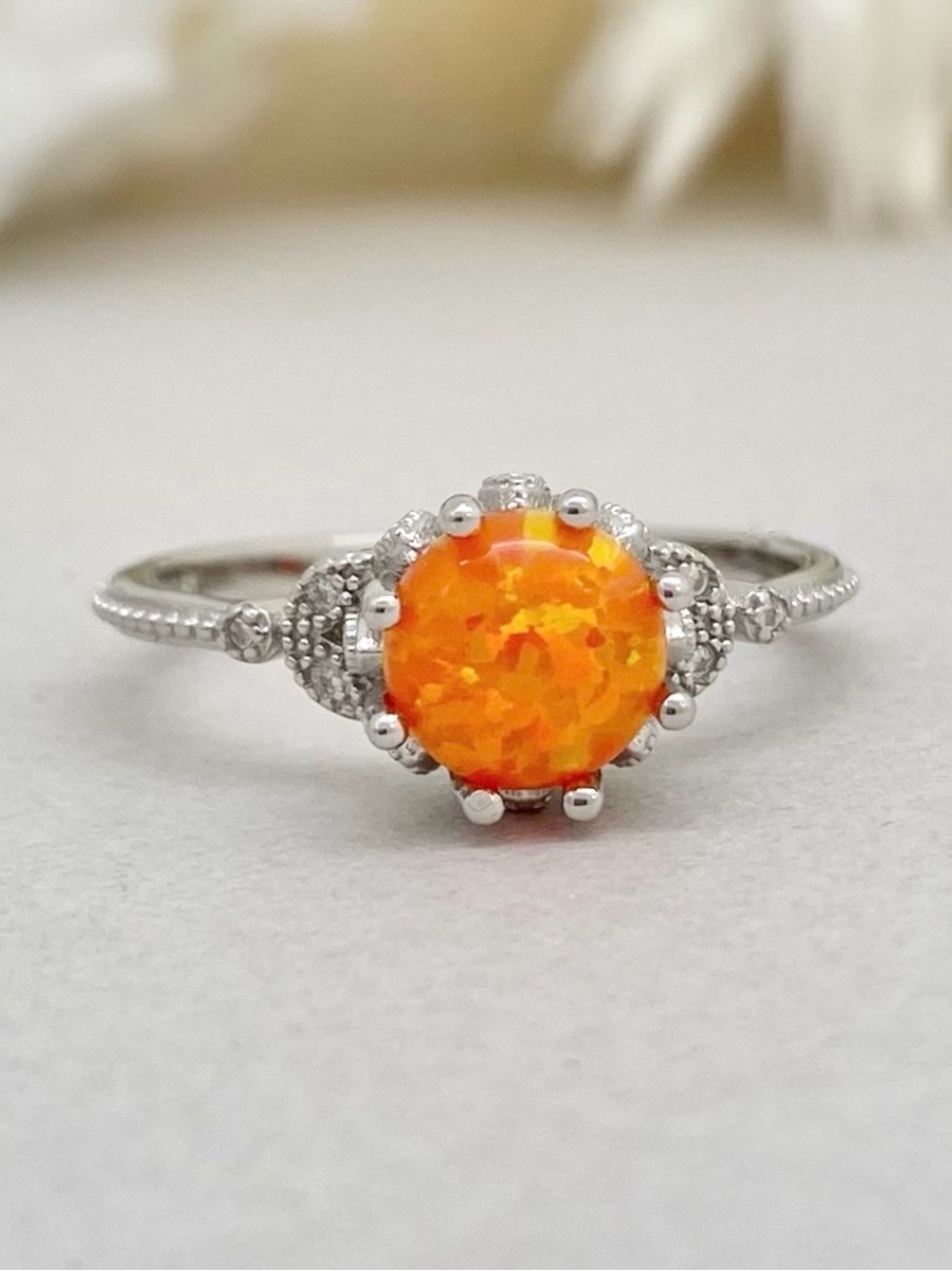 Round Orange fire Opal Art Deco Vintage CZ 925 Sterling Silver Minimalist Ring